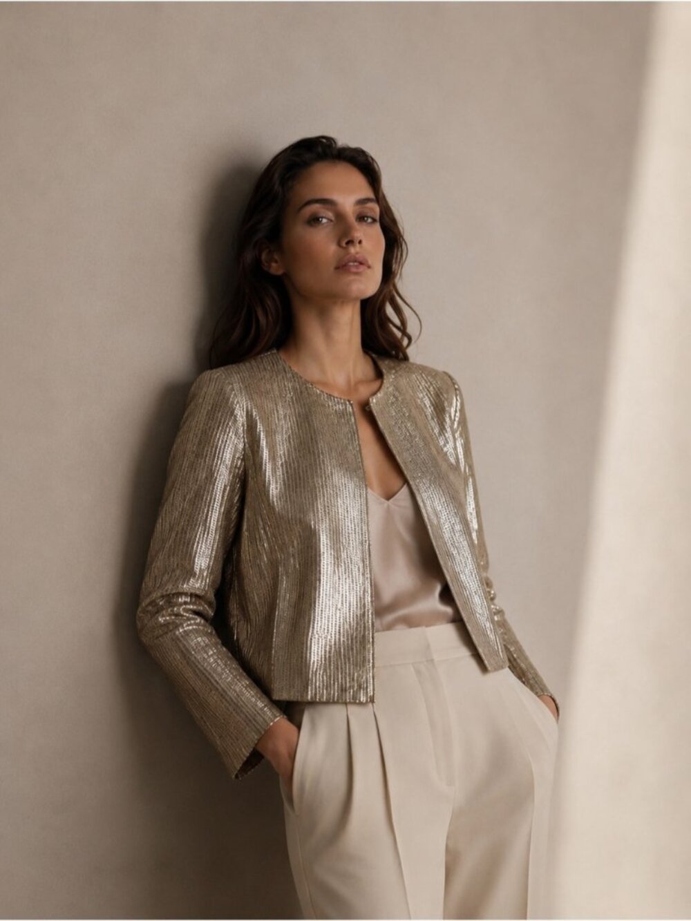 DROMe Metallic Gold Lambskin Leather Colarless Jacket Size M quiet luxury